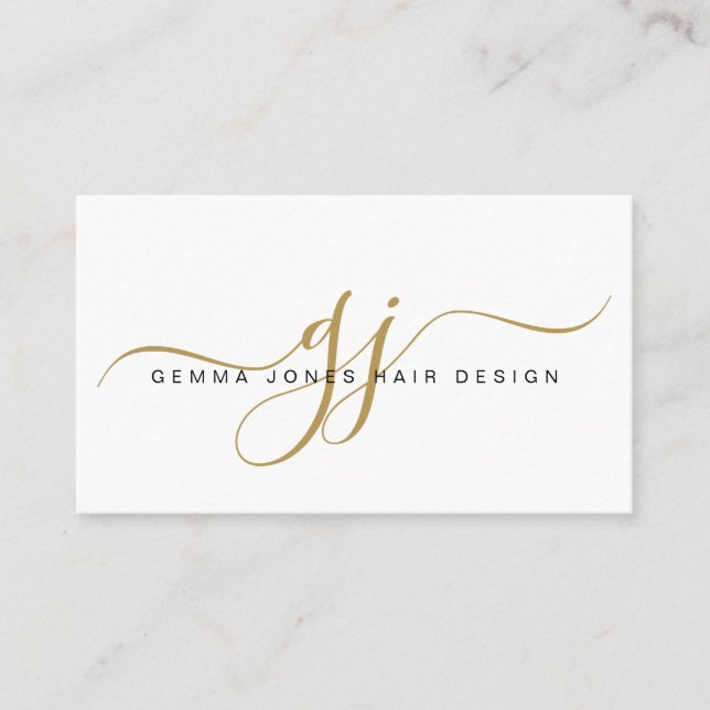 Modern Hair Stylist Gold Script Monogram  Business Card (Front)