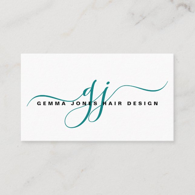 Modern Hair Stylist Gold Script Monogram Teal Business Card (Front)