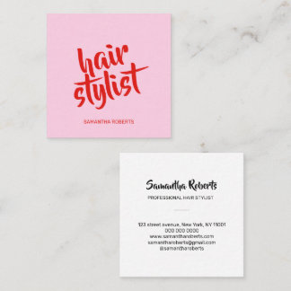 Modern hair stylist minimal script pink red square business card