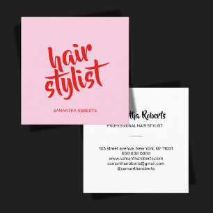 Modern hair stylist minimal script pink red square business card