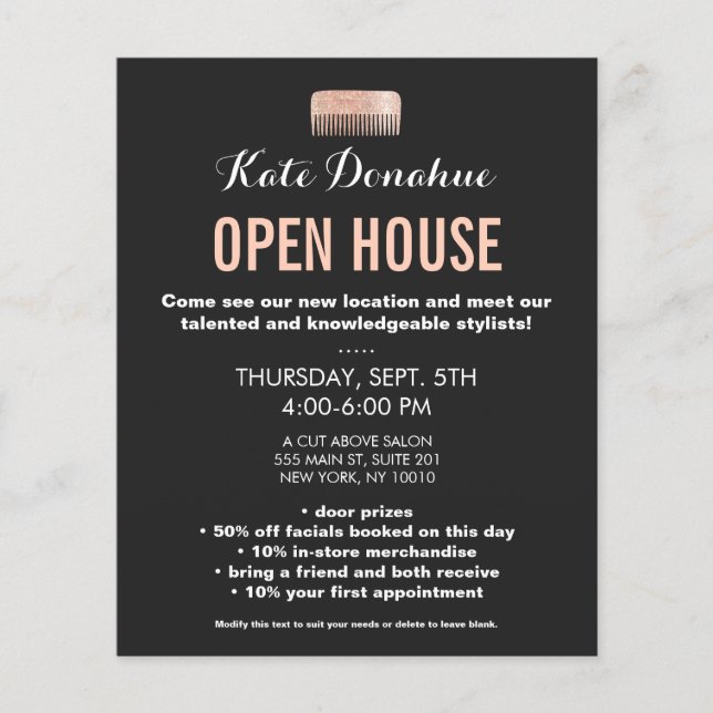 Modern Hair Stylist Rose Gold Sequin Comb Salon Flyer (Front)