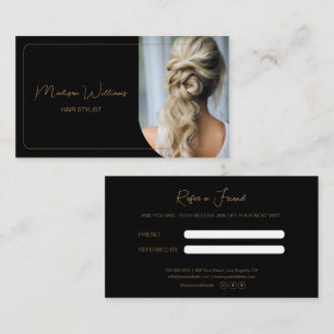 Modern Hair Stylist Salon Black and Gold Referral Card