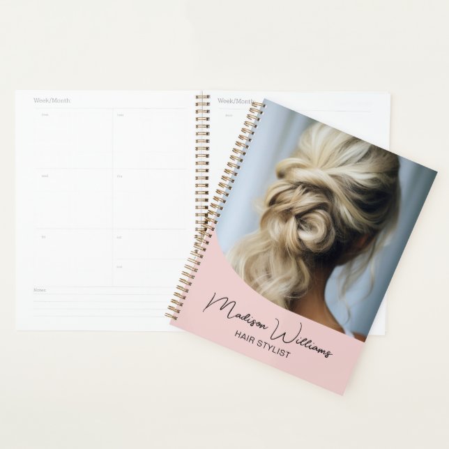 Modern Hair Stylist Salon Custom Photo Script Pink Planner (Display)