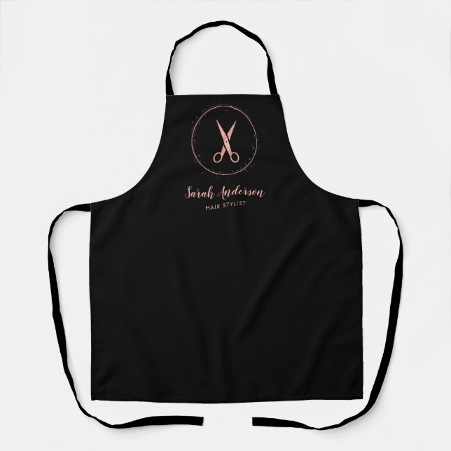 Modern Hair Stylist Scissors Black Rose Gold Name Apron (Front)