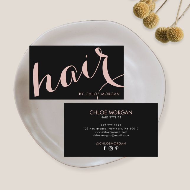 Modern hair stylist script black and rose gold business card (Creator Uploaded)