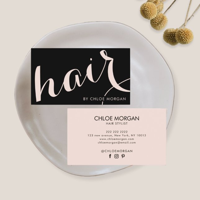 Modern hair stylist script black blush pink business card (Creator Uploaded)