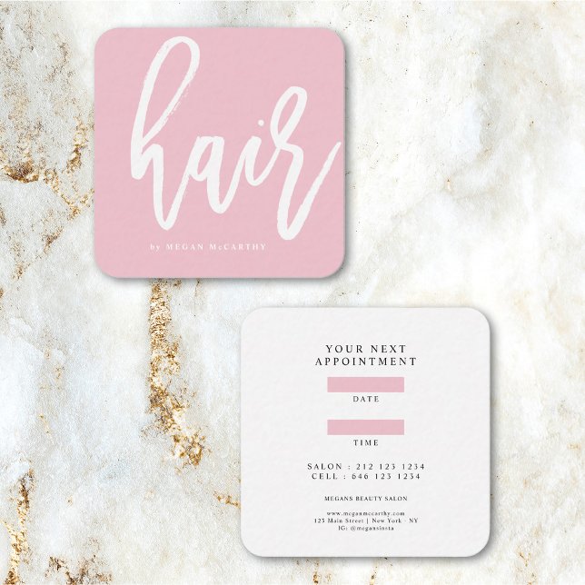 Modern Hair Stylist Script Blush Pink Appointment Square Business Card (Creator Uploaded)