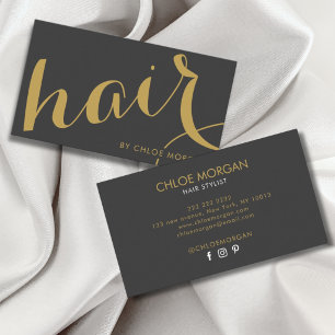 Modern hair stylist script grey gold business card