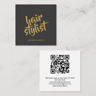Modern hair stylist script grey gold qr code  square business card