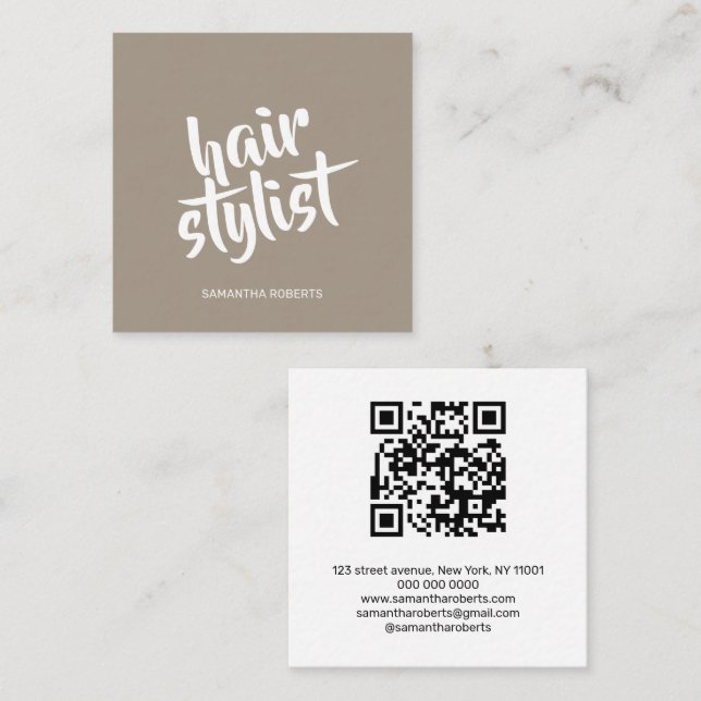 Modern hair stylist script light brown qr code  square business card (Front/Back)