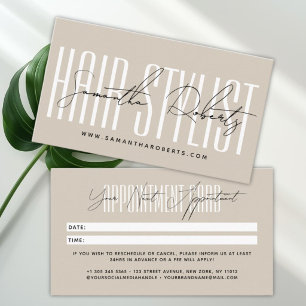 Modern hair stylist script typography beige appointment card