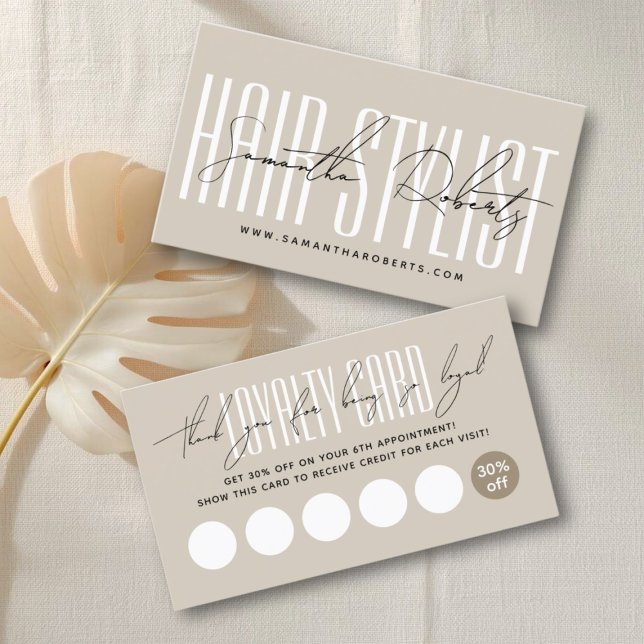 Modern hair stylist script typography beige loyalty card (Creator Uploaded)