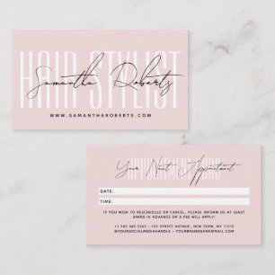 Modern hair stylist script typography blush pink appointment card