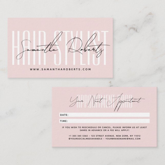 Modern hair stylist script typography blush pink appointment card (Front/Back)