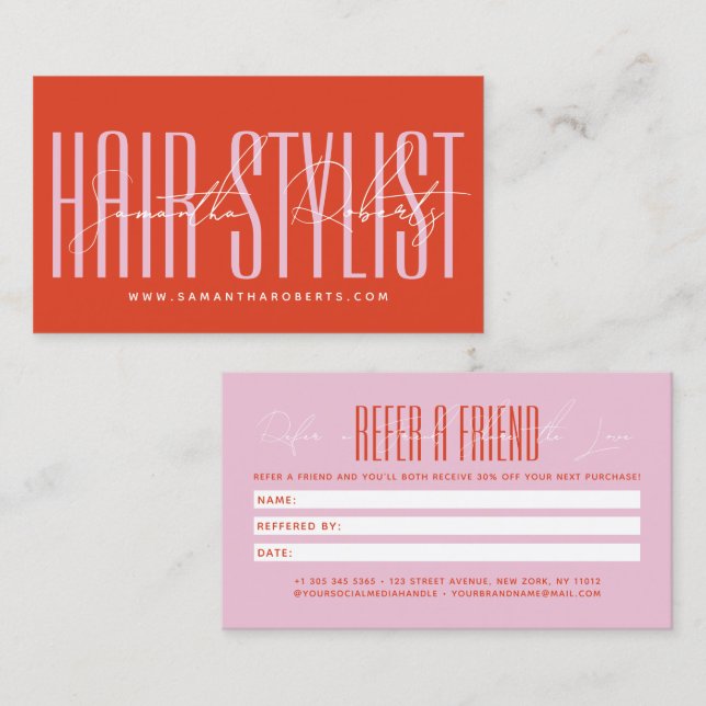 Modern hair stylist script typography customer  referral card (Front/Back)
