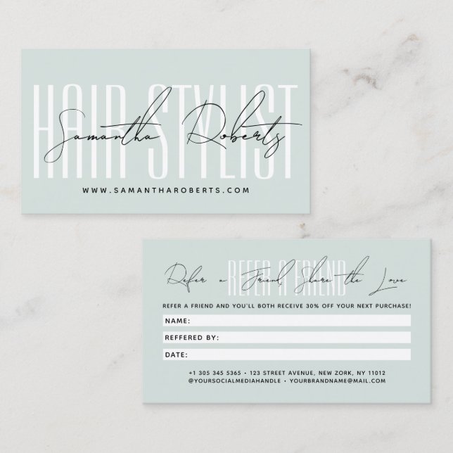 Modern hair stylist script typography customer  referral card (Front/Back)