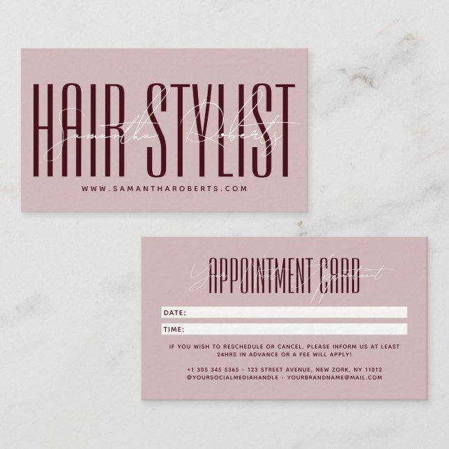 Modern hair stylist script typography pink red appointment card (Front/Back)