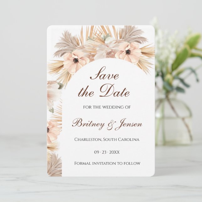 Modern Half Arch Dry Pampas Boho Natural Save The Date (Standing Front)