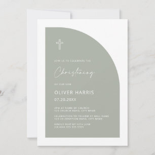 Modern Half Arch Sage Green Boy Christening Invitation