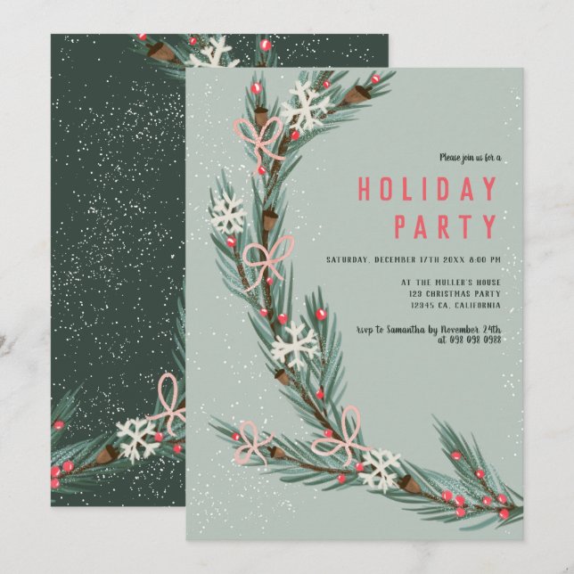 Modern half Christmas wreath green illustration Invitation (Front/Back)