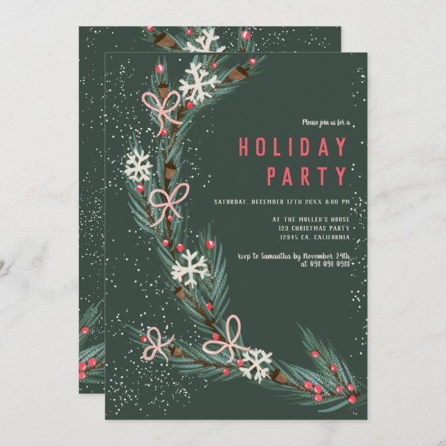 Modern half Christmas wreath pine illustration Invitation (Front/Back)