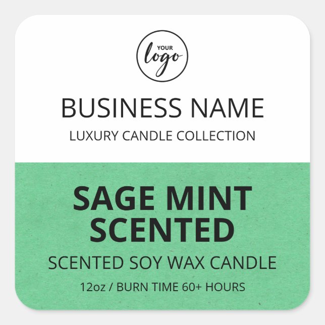 Modern Half Green White Design Soy Candle Labels (Front)