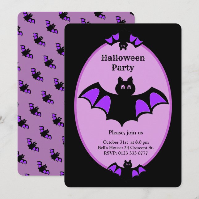 Modern Halloween bat on black and violet Invitation (Front/Back)