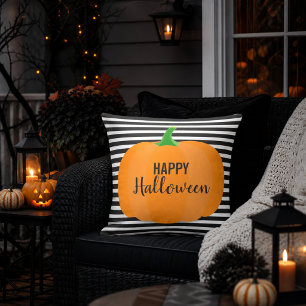 Modern Halloween Black Stripes with Pumpkin Outdoor Pillow