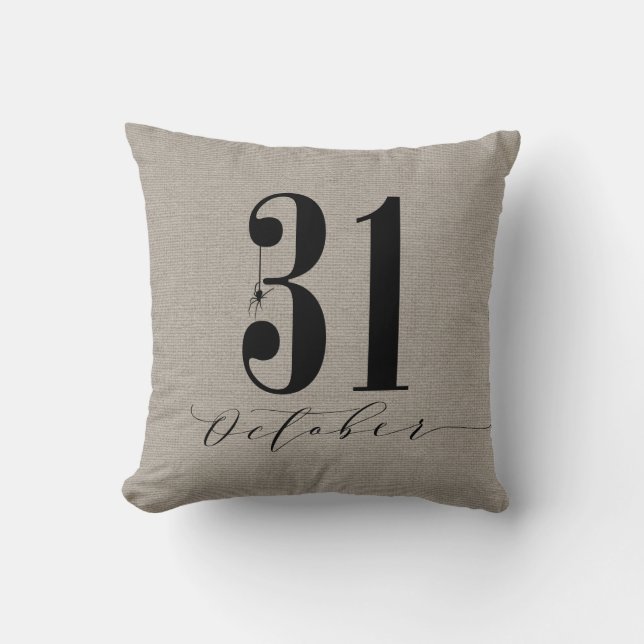 Modern Halloween October 31 Spider Burlap Throw Pillow (Front)