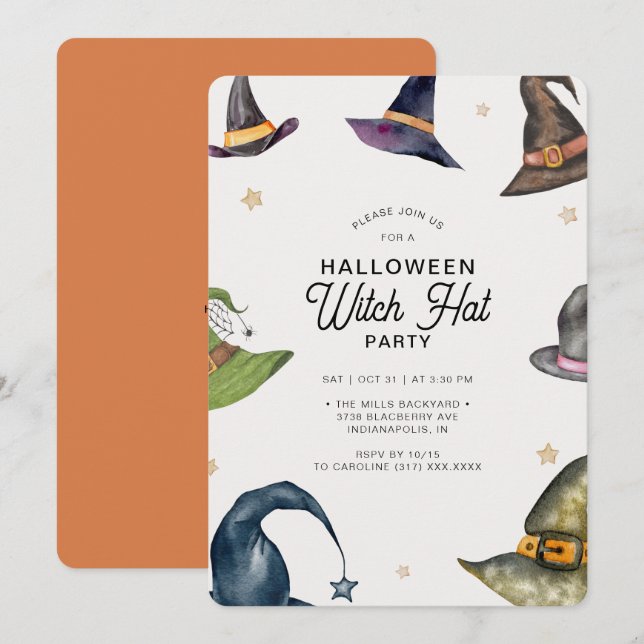 Modern Halloween Orange Witch Hat Party Invitation (Front/Back)