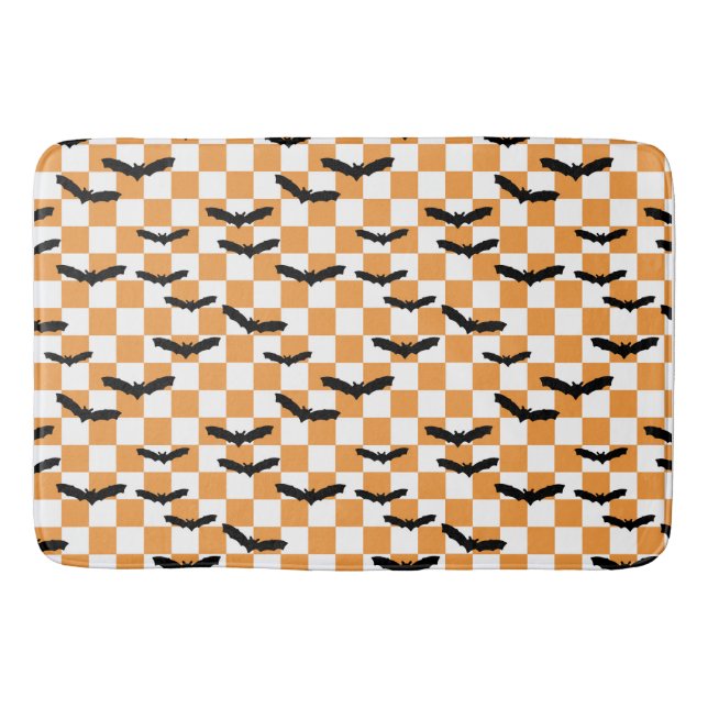 Modern Halloween Spooky Bats Orange Chequerboard Bath Mat (Front)