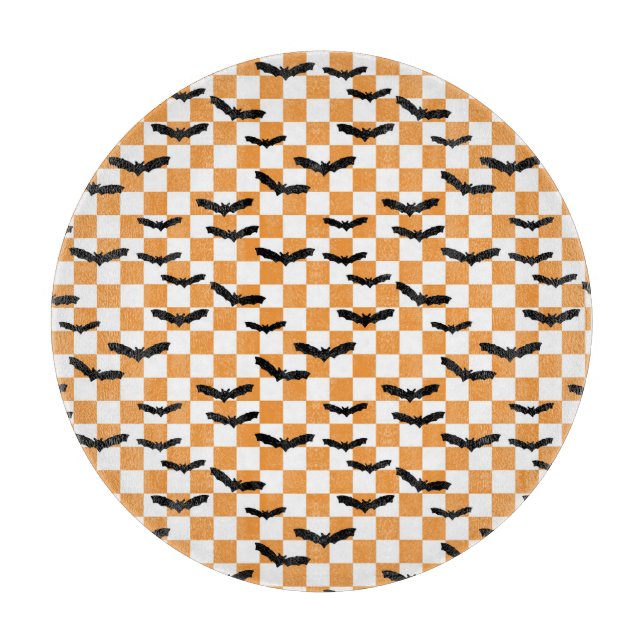 Modern Halloween Spooky Bats Orange Chequerboard Cutting Board (Front)