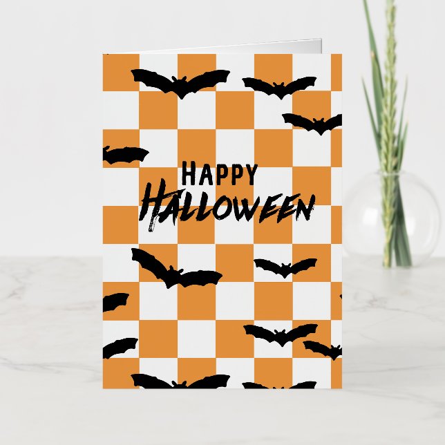 Modern Halloween Spooky Bats Orange Chequerboard Foil Greeting Card (Front)