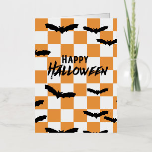 Modern Halloween Spooky Bats Orange Chequerboard Foil Greeting Card