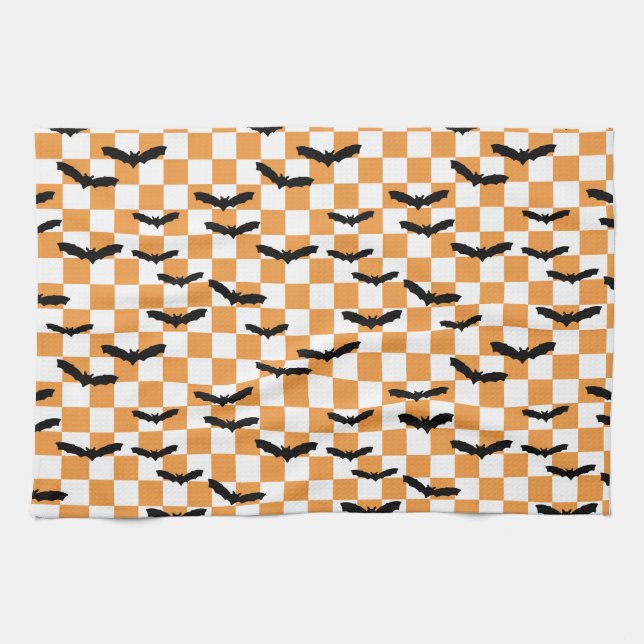Modern Halloween Spooky Bats Orange Chequerboard Kitchen Towel (Horizontal)