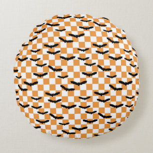 Modern Halloween Spooky Bats Orange Chequerboard Round Pillow