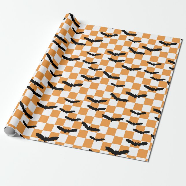 Modern Halloween Spooky Bats Orange Chequerboard Wrapping Paper (Unrolled)