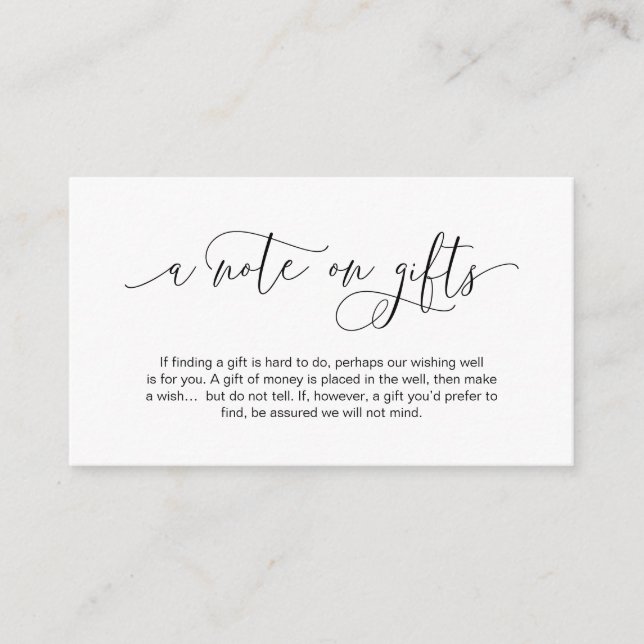 Modern hand Black ink script, A note on gifts Enclosure Card (Front)