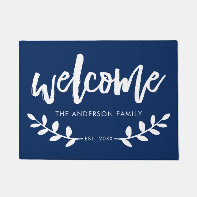 Modern Hand Brushed Font Leaf Personalized Navy Doormat (Front)