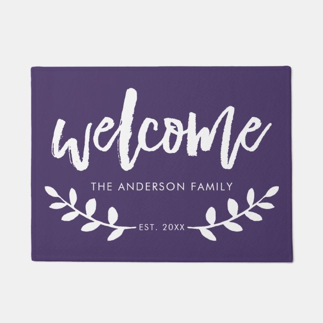 Modern Hand Brushed Font Leaf Personalized Purple Doormat (Front)