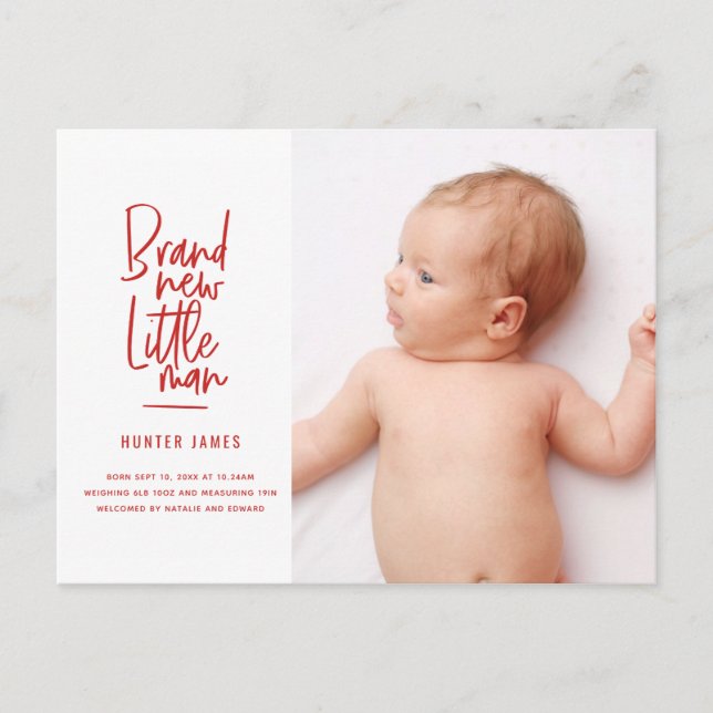 Modern hand drawn baby boy birth announcement (Front)