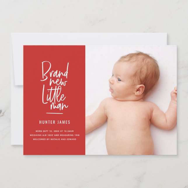 Modern hand drawn baby boy birth announcement (Front)