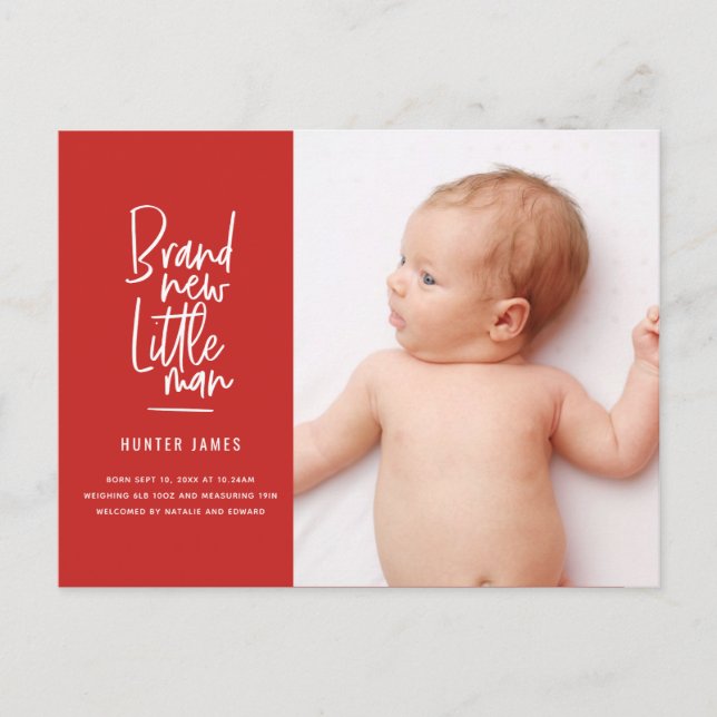 Modern hand drawn baby boy birth announcement (Front)