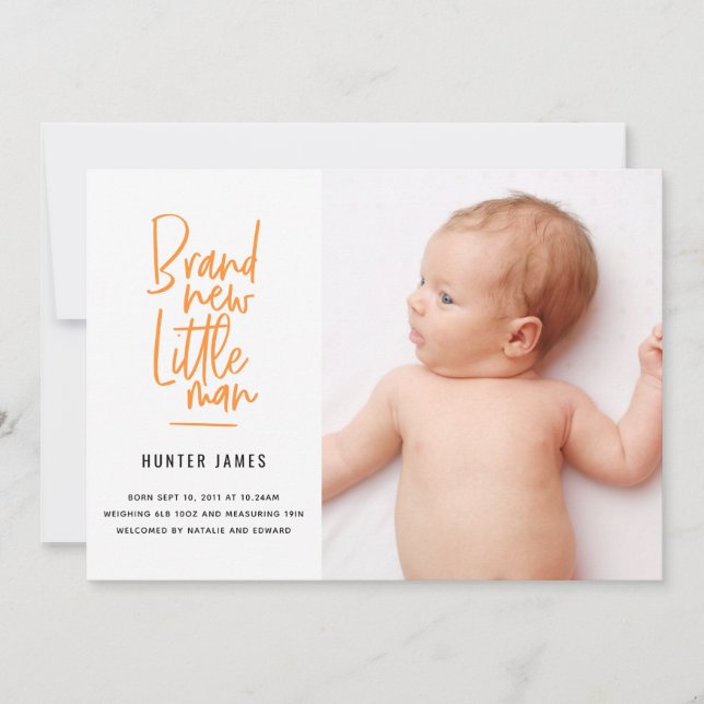 Modern hand drawn baby boy birth announcement (Front)