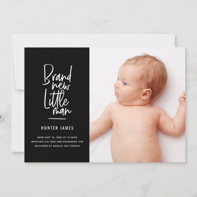 Modern hand drawn baby boy birth announcement (Front)