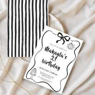 Modern Hand-Drawn Black Bow 21th Birthday Invitation