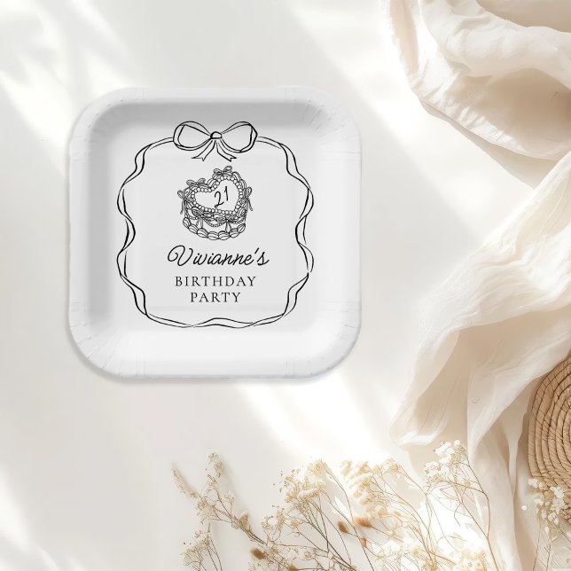 Modern Hand Drawn Black Bow Girl Birthday Paper Plate (Creator Uploaded)