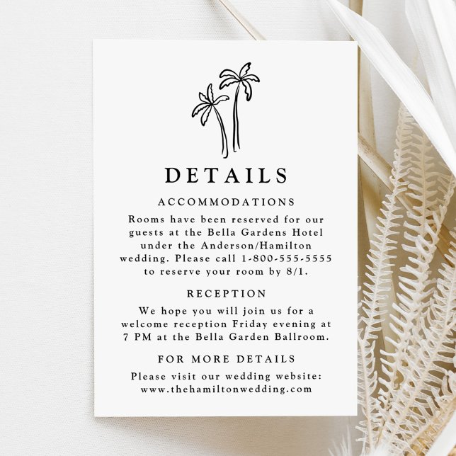 Modern Hand-Drawn Black Palm Trees Wedding Details Enclosure Card (Creator Uploaded)