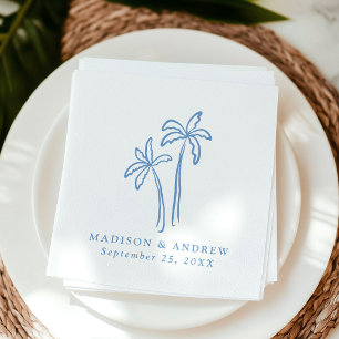 Modern Hand-Drawn Blue Palm Trees Wedding Napkin