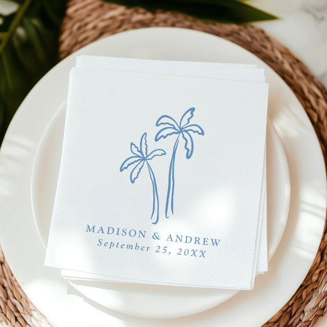 Modern Hand-Drawn Blue Palm Trees Wedding Napkin (Creator Uploaded)